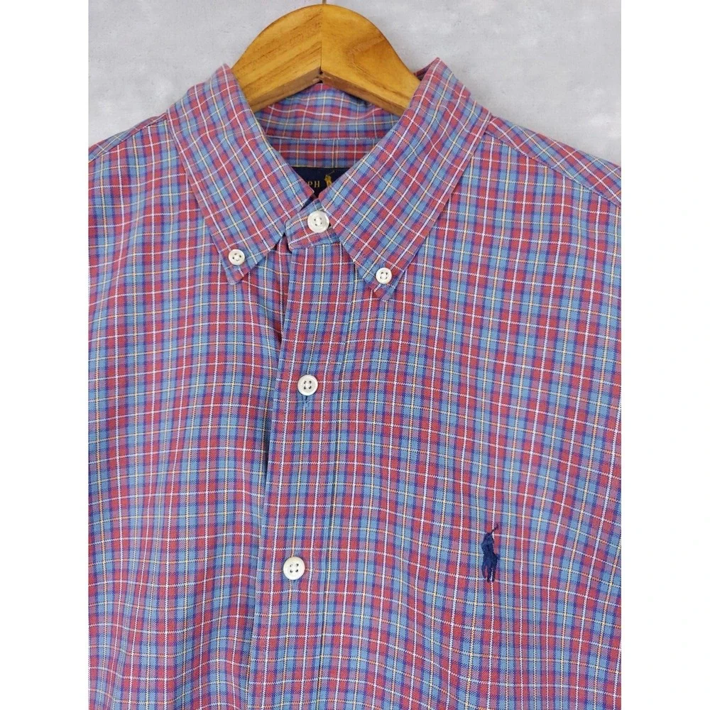 Polo Ralph Lauren Mens Medium Blue‎ Red Gingham Plaid Check Shirt Cotton